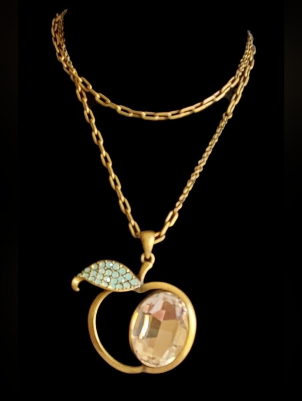 Vtg. Butler Apple Pendant Necklace with Faux Emerald Leaf Accents